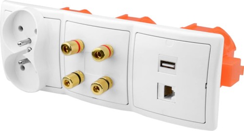 Gniazdka głośnikowe ścienne, podtynkowe 1USB 1RJ-45 4G 2x230V