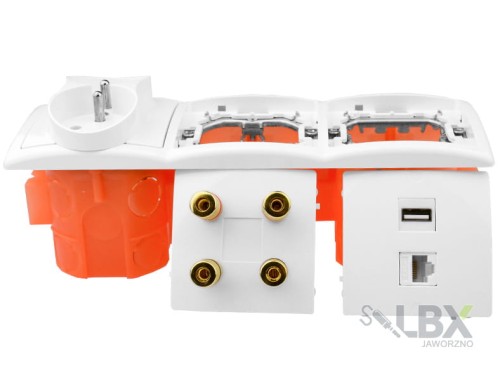 Gniazdka głośnikowe ścienne, podtynkowe 1USB 1RJ-45 4G 2x230V