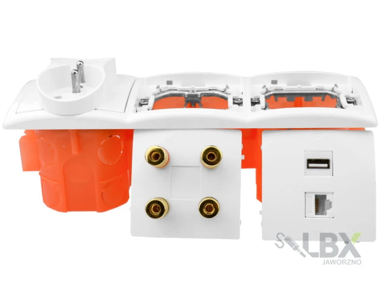 Gniazdka głośnikowe ścienne, podtynkowe 1USB 1RJ-45 4G 2x230V