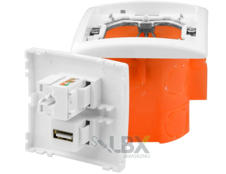Gniazdka głośnikowe ścienne, F, USB, RJ-45, 230V zasilające terminal