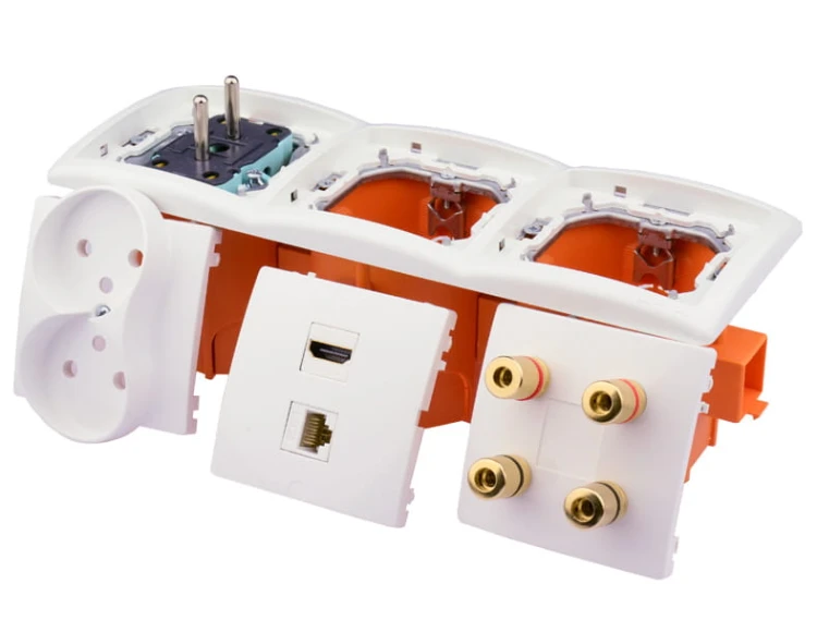 Gniazdka głośnikowe ścienne, HDMI, RJ-45, 230V zasilające terminal