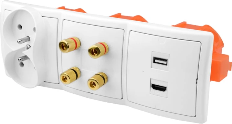Gniazdka głośnikowe ścienne, podtynkowe 1USB 1HDMI 4G 2x230V