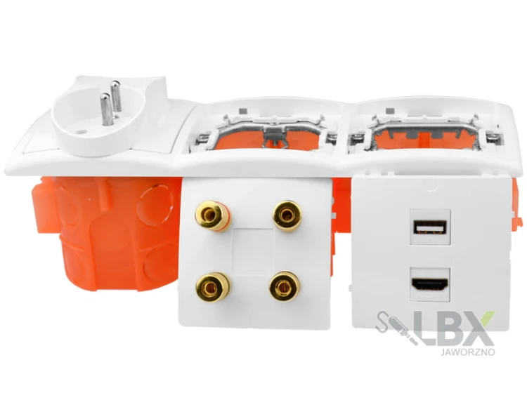 Gniazdka głośnikowe ścienne, podtynkowe 1USB 1HDMI 4G 2x230V