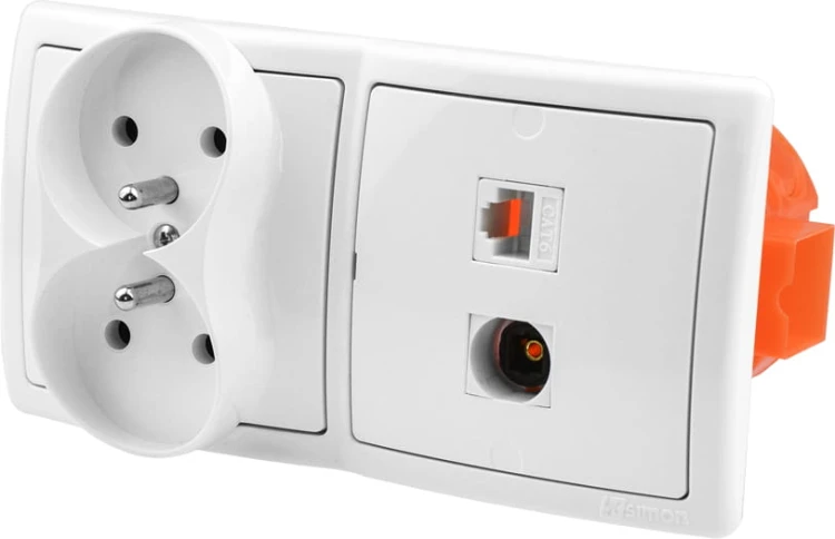 Gniazdka ścienne audio optyczne, RJ-45, zasilające 230V