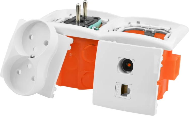 Gniazdka ścienne audio optyczne, RJ-45, zasilające 230V